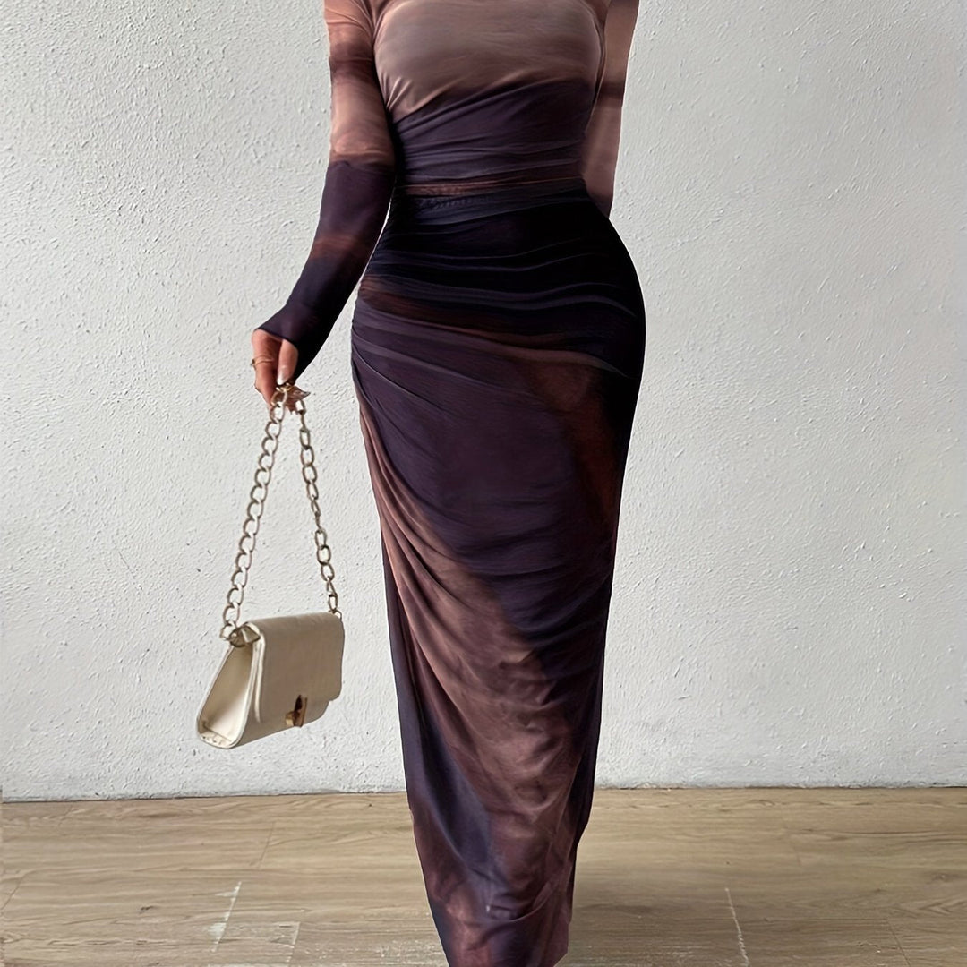 Levoire | Robe Avec Motif Batik Et Encolure Ronde, Élégante Robe Maxi Ajustée Avec Manches Longues Pour Le Printemps Et L'Automne, Vêtements Pour Femmes Couleur mixte