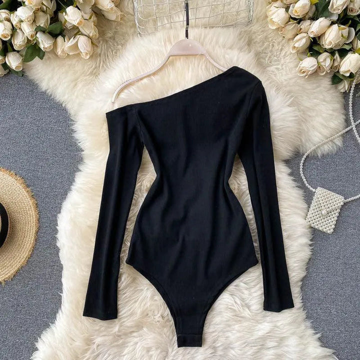 Levoire | Body à manches longues sans épaules avec motif diagonal pour femmes Noir Une taille