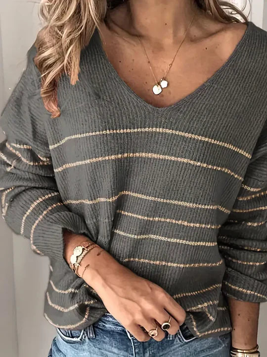 Levoire | Pull À Col En V Rayé Pour Femme Tendance Gris