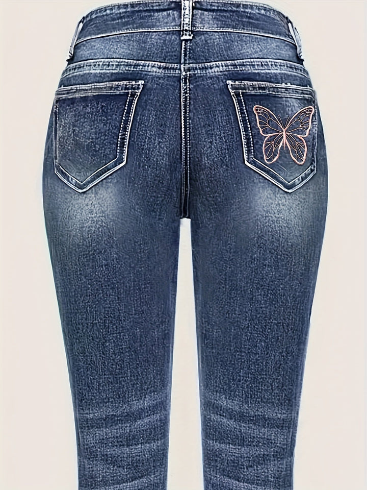 Levoire | Pantalons En Denim Slim Fit Avec Broderie De Papillon Extensible Et Jambes Droites