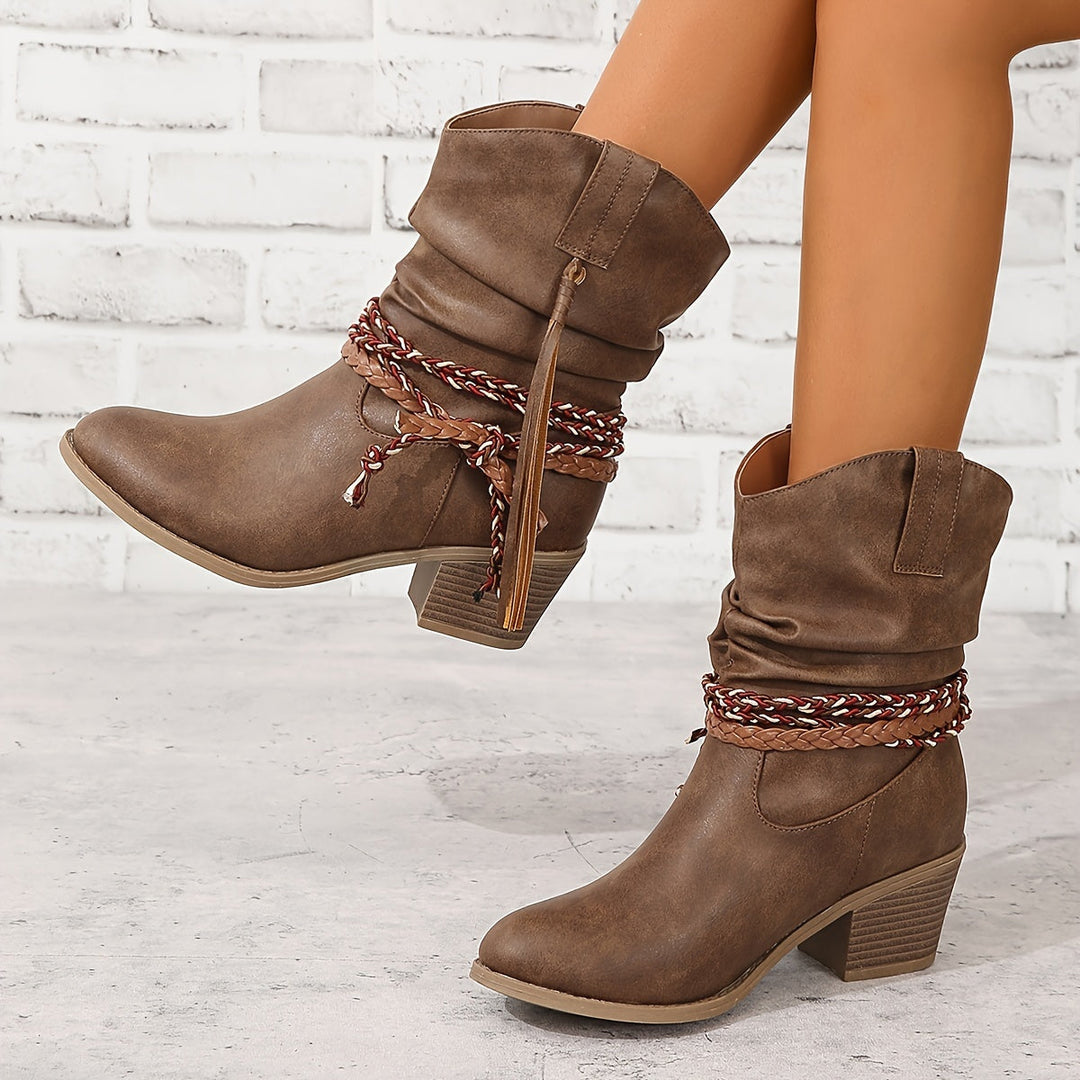 Levoire | Bottes Cowboy Pour Femmes Avec Pompon Et Sangle Tressée Braun