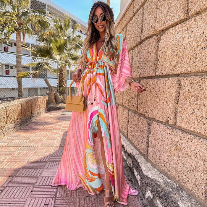 Levoire | Robe Longue Boho Imprimée À Manches Longues De Luxe Avec Ceinture Rose clair