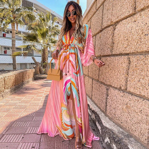 Levoire | Maxi Dress V-Neck Button Closure Waist Pads Abstract Print Flowing Stylish Cut