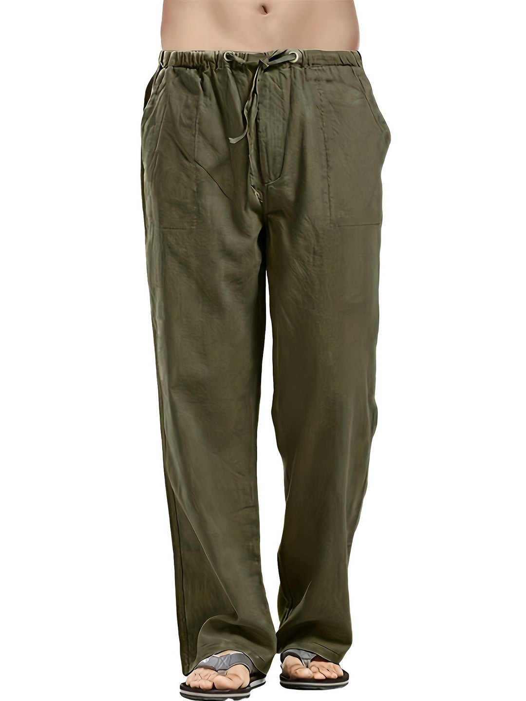 Levoire | Pantalons Pour Hommes En Mélange De Coton Et De Lin Avec Une Taille Élastique Décontractée vert olive 1