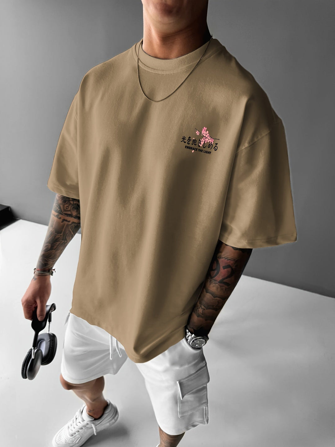 Levoire | Chemise D'Extérieur Pour Hommes Avec Motif De Fleurs De Cerisier Khaki Couleur