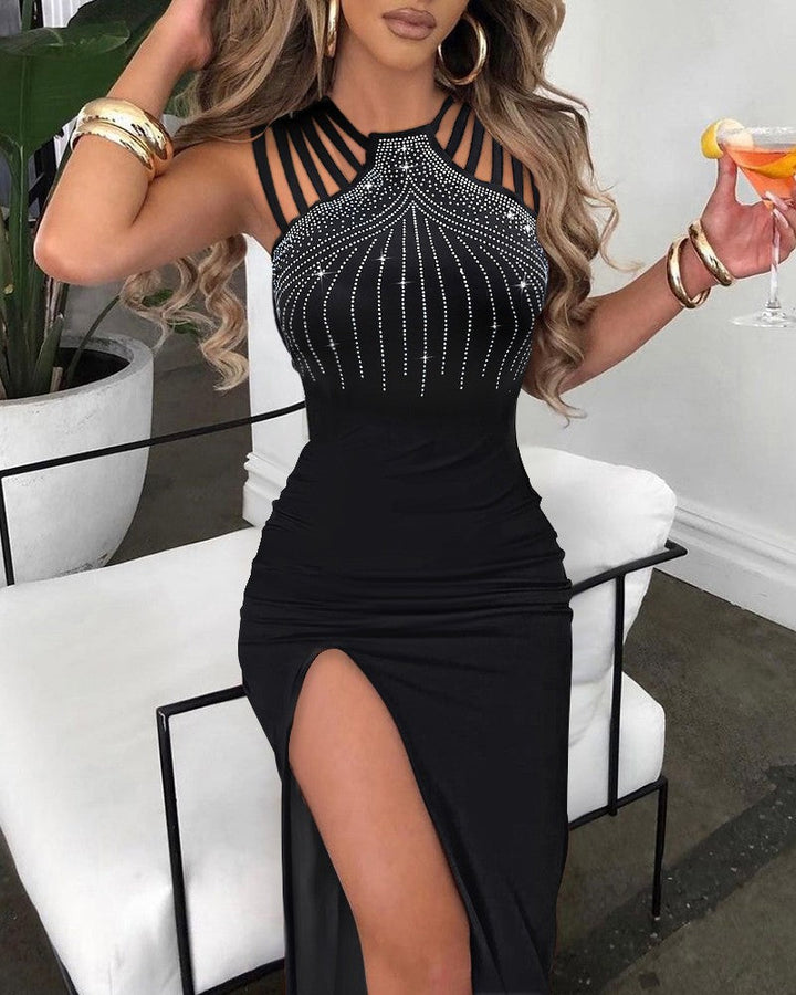 Levoire | Robe fourreau éclatante avec strass et fente Noir