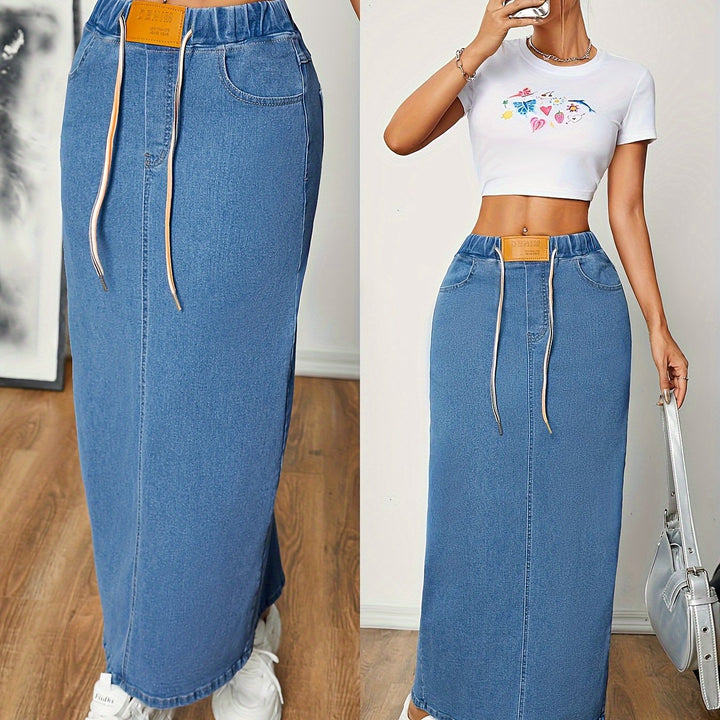 Levoire | Pestitty Bleu Jupe Maxi Dénim A Taille Élastique Et Fente Au Dos