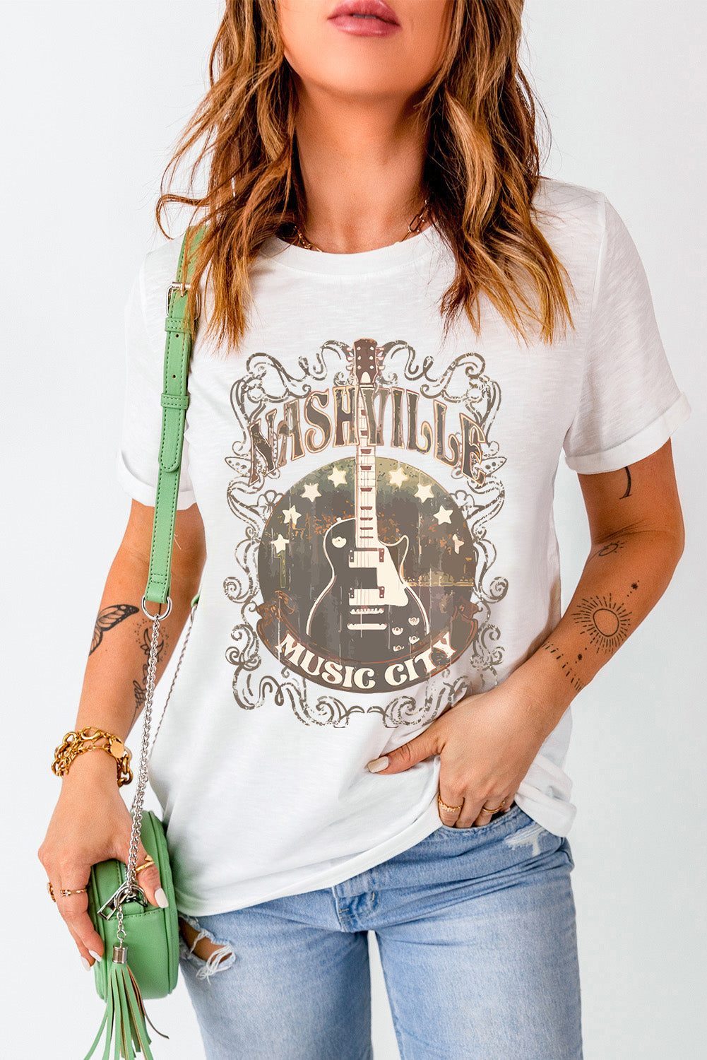 Levoire | T-shirt graphique de guitare à col rond à manches courtes Blanc