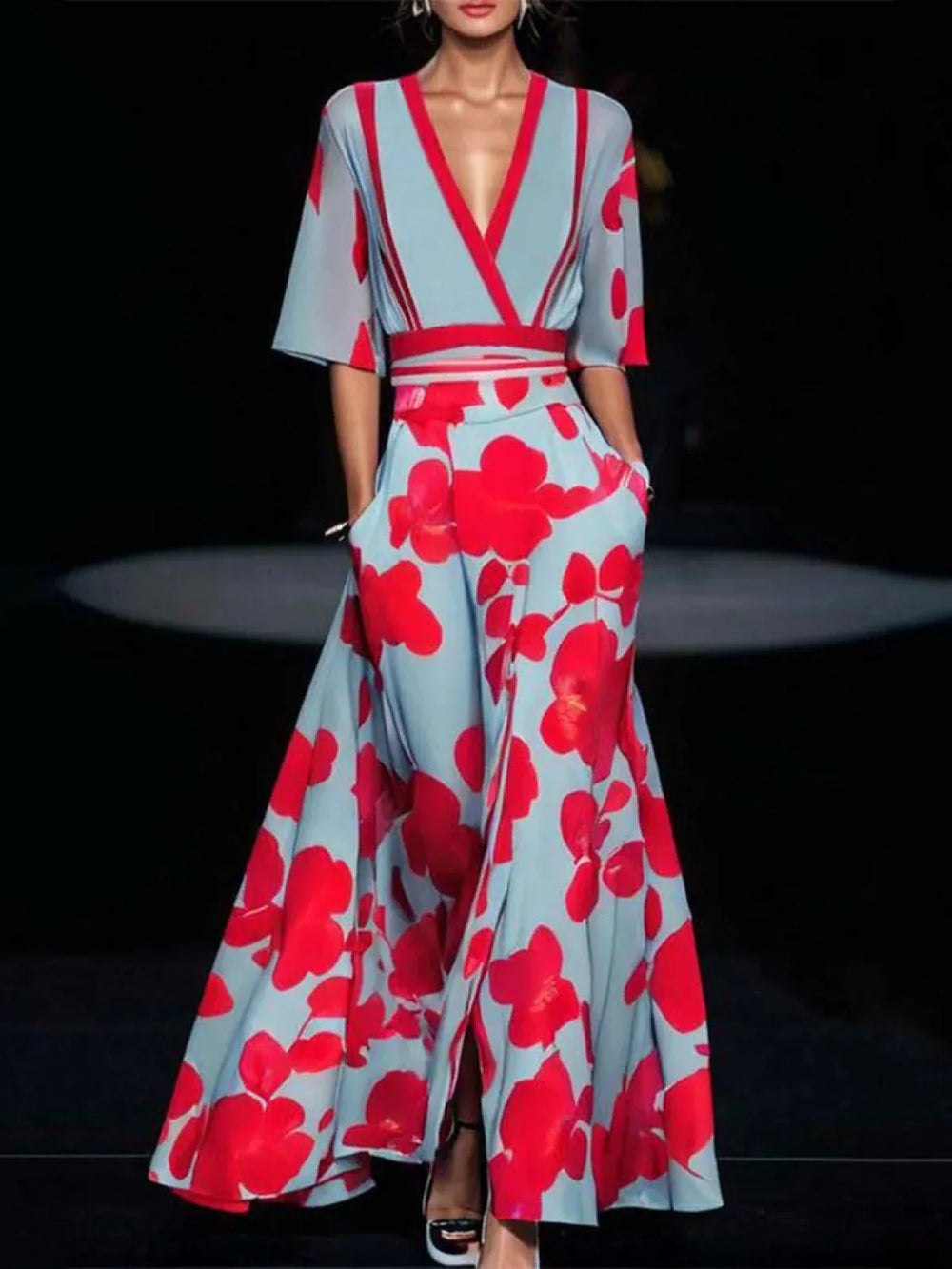 Levoire | Robe avec des manches élégantes Bleu - Rouge