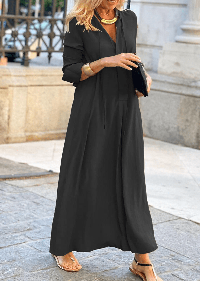 Levoire | Robe Femme Décolleté en V Coton Robe Longue Élégante Noir