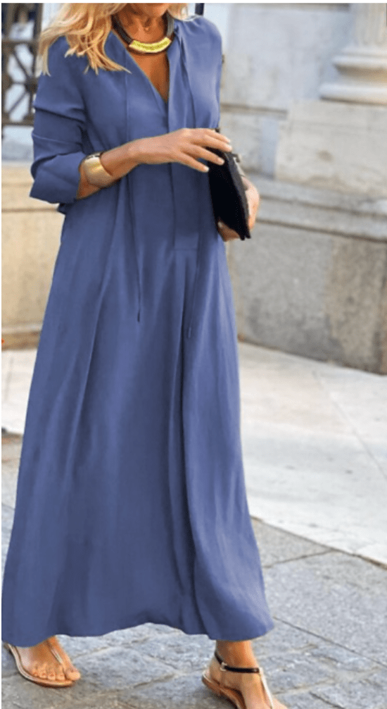 Levoire | Robe Femme Décolleté en V Coton Robe Longue Élégante Bleu