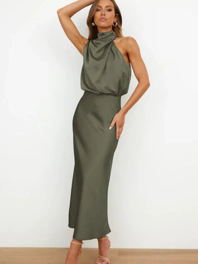 Levoire | Robe Midi Halter Élégante Pour Femmes Avec Col Haut Et Aspect Satin Vert olive