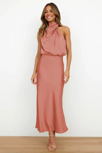 Levoire | Robe Midi Halter Élégante Pour Femmes Avec Col Haut Et Aspect Satin Corail Rouge