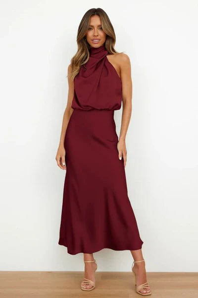 Levoire | Robe Midi Halter Élégante Pour Femmes Avec Col Haut Et Aspect Satin Bordeaux Rouge