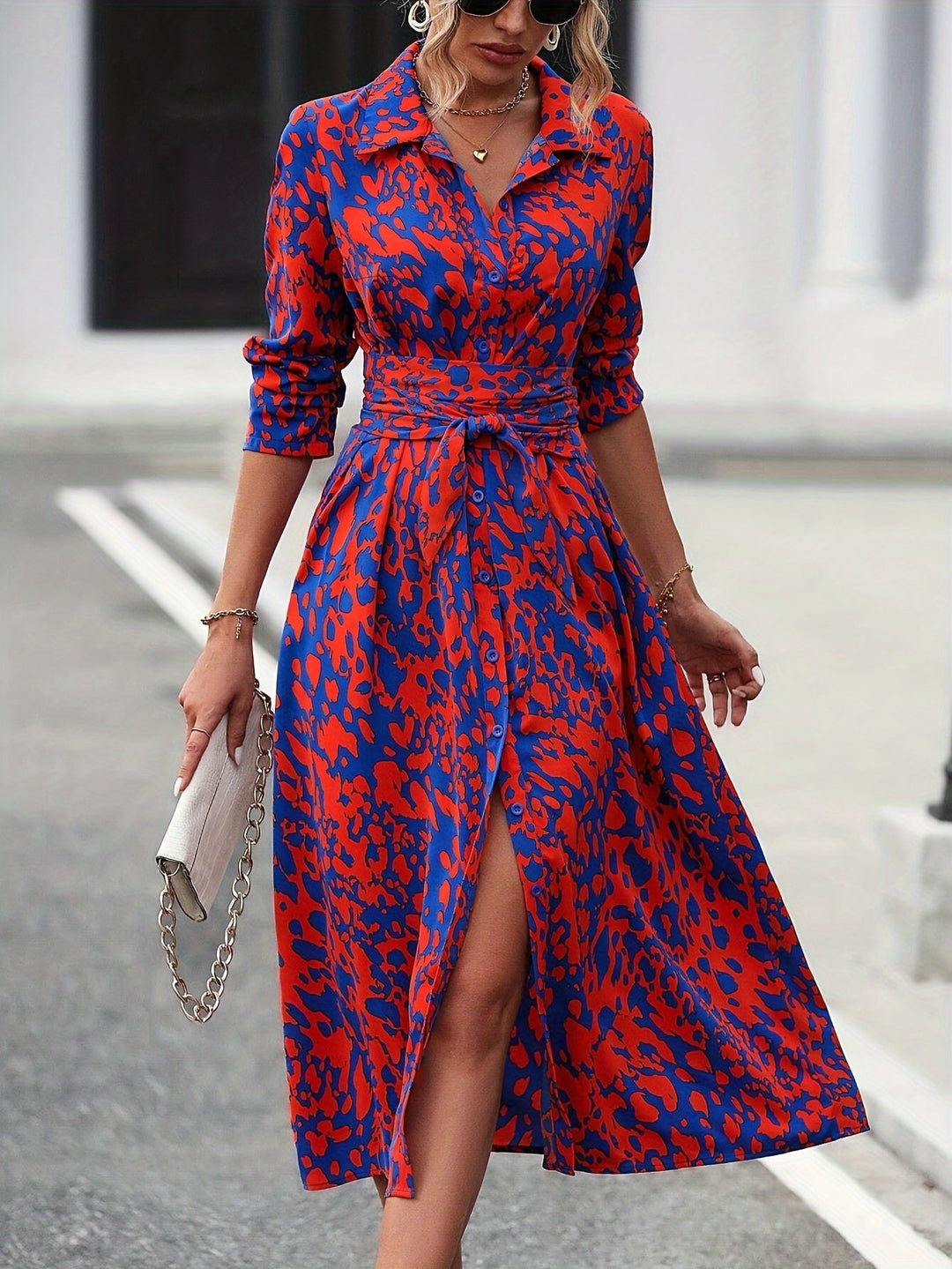 Levoire | Élégante Robe À Boutons À Manches Longues Avec Impression Intégrale Couleur mixte
