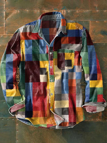 Levoire | Chemise, Simple, Couleurs Arc-En-Ciel, À Carreaux, Impression Vintage, Revers, Manches Longues, Poches