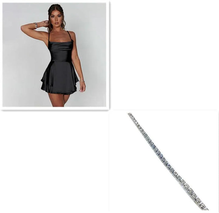 Levoire | Robe trapèze courte élégante en satin avec ruban sans dos Noir Argent