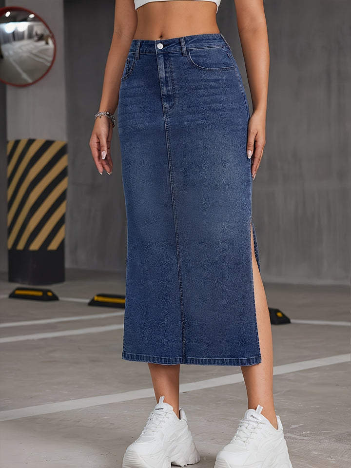 Levoire | Jupe Midi En Denim Bleue À Taille Haute Et Poches Obliques