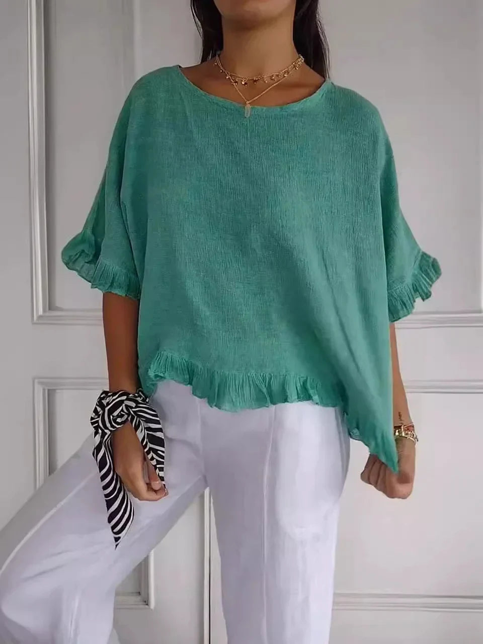Levoire | Coton Lin Blouse Avec Volants Vert