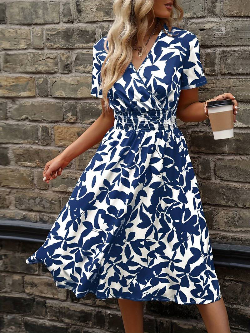 Levoire | Robe Portefeuille À Manches Courtes Avec Motif Floral Bleu marine