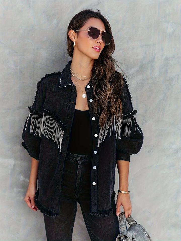 Levoire | Veste En Jean Élégante Avec Des Franges Noir