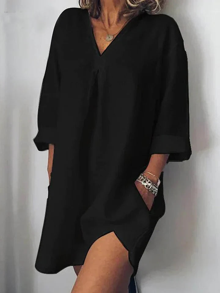 Levoire | Robe En Lin - Décolleté En V & Demi-Manche Noir