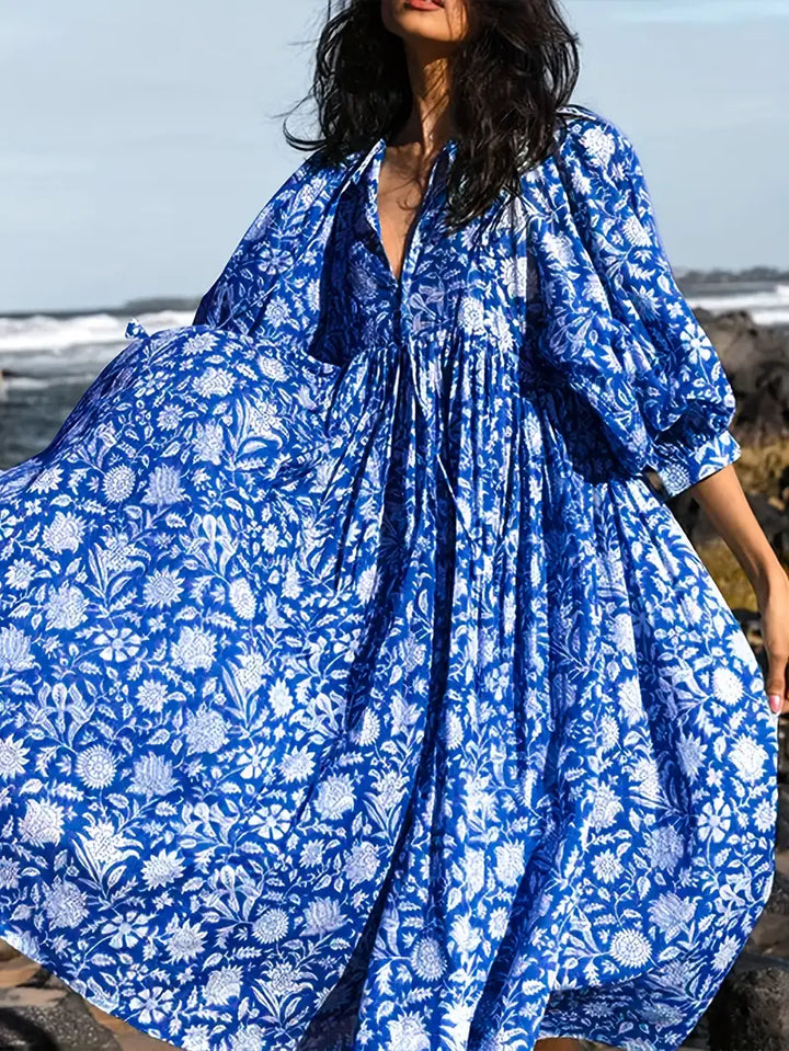 Levoire | Robe Maxi Boho Décontractée Avec Noeuds Décolleté En V Et Manches Courtes