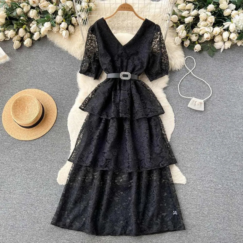 Levoire | Robe V couleur et cordon à la taille pour femmes Noir Une taille