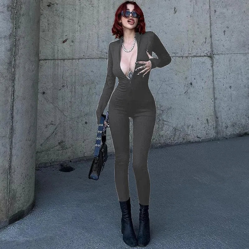 Levoire | La combinaison longue à manches longues stretch a une fermeture éclair sur la poitrine Gris