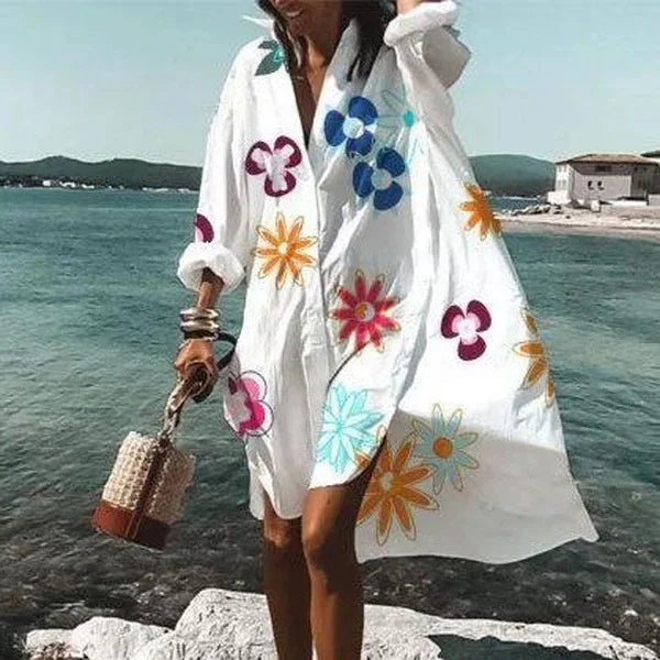 Levoire | Été Midi Robe Manches Courtes Détente Style Classique Blanc - Fleurs