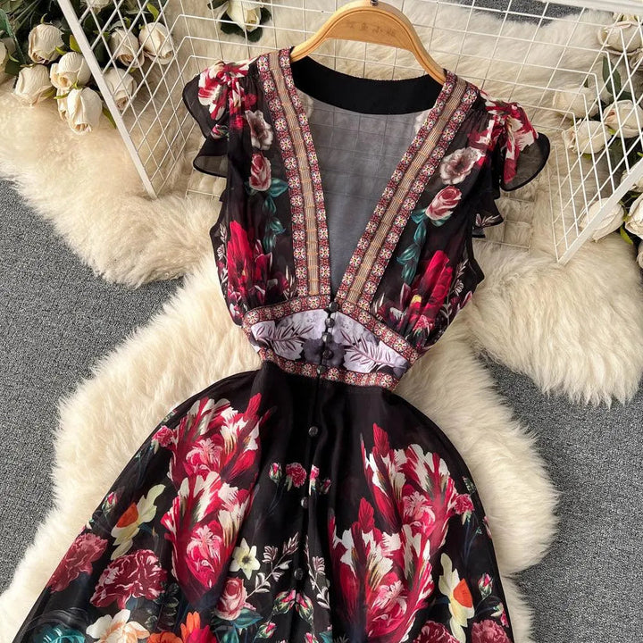 Levoire | Robe longue imprimée pour femmes avec décolleté en V profond