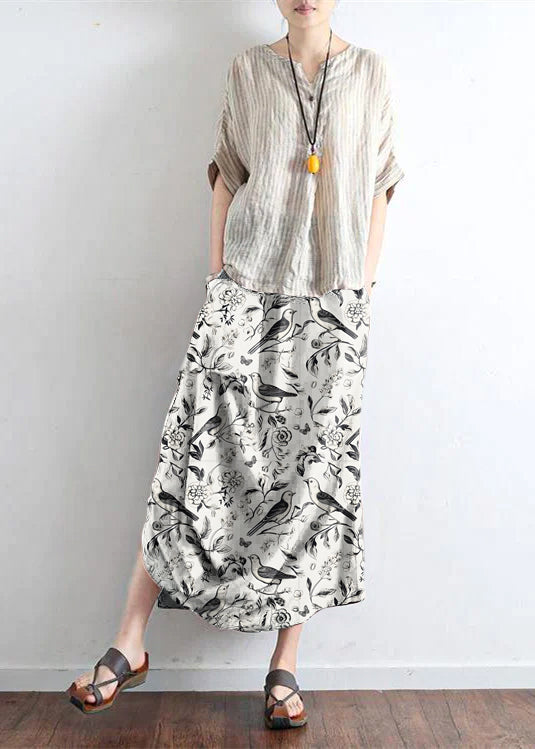 Levoire | Jupe En Lin Rouge Limitée Design Asymétrique Taille Élastique Jupe Longue Fleurs et oiseaux blancs
