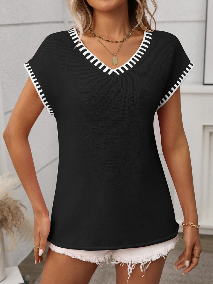 Levoire | Couleur Bord V Décolleté Manches Courtes Haut En Tricot Décontracté Chic