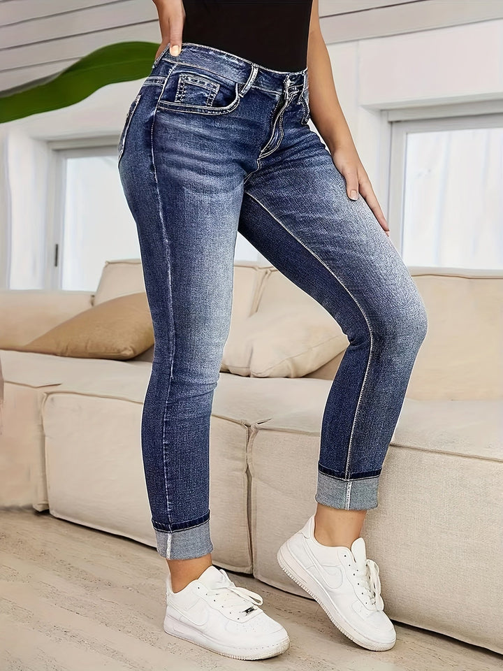 Levoire | Pantalons En Denim Slim Fit Avec Broderie De Papillon Extensible Et Jambes Droites Bleu moyen