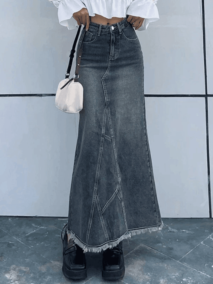 Levoire | Fente Au Dos Patchwork Jupe Longue En Denim Bleu