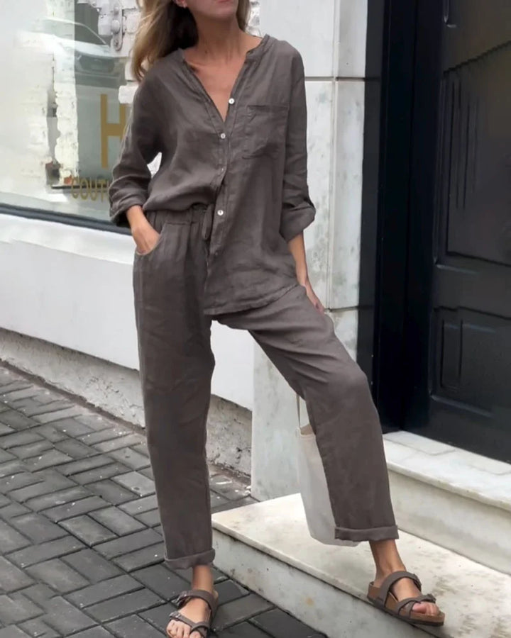Levoire | T-Shirt Décontracté À Col En V & Ensemble Pantalon En Coton-Lin Gris