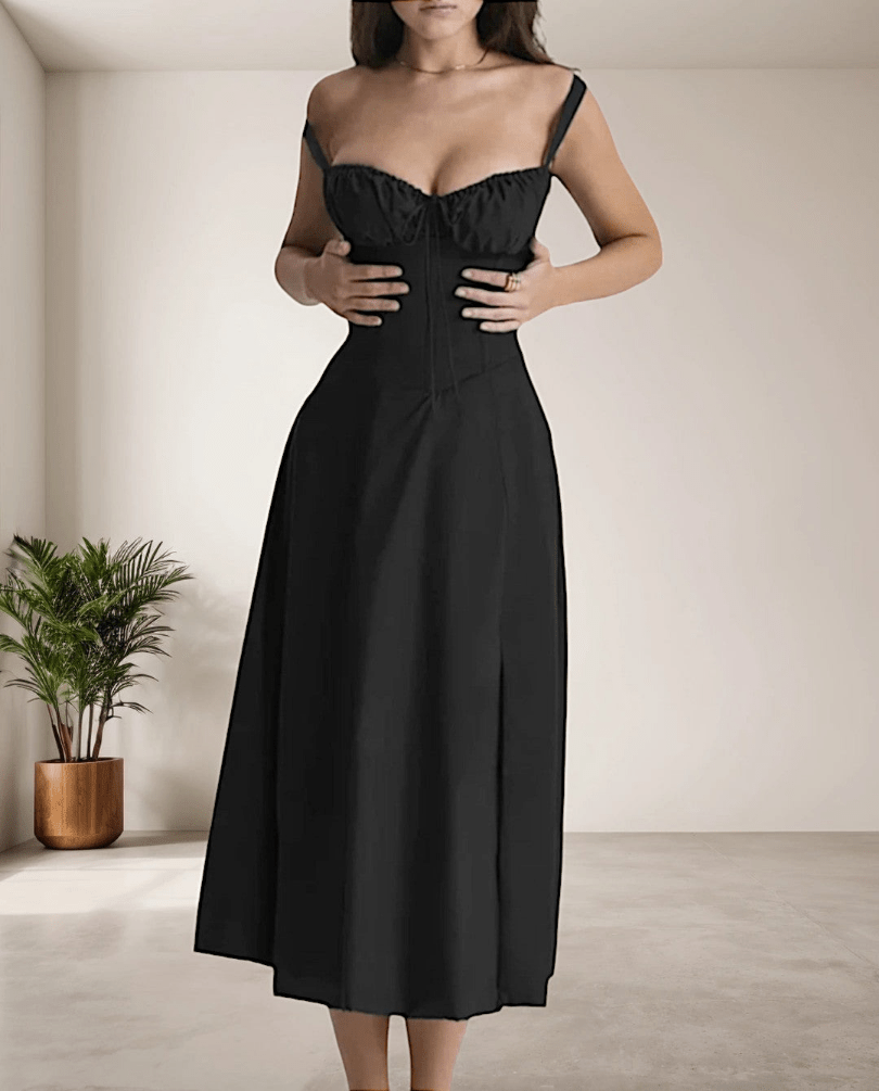 Levoire | Robe Midi Femme avec Fines Bretelles en Spaghetti & Cordon de Serrage Confortable & Tendance Noir
