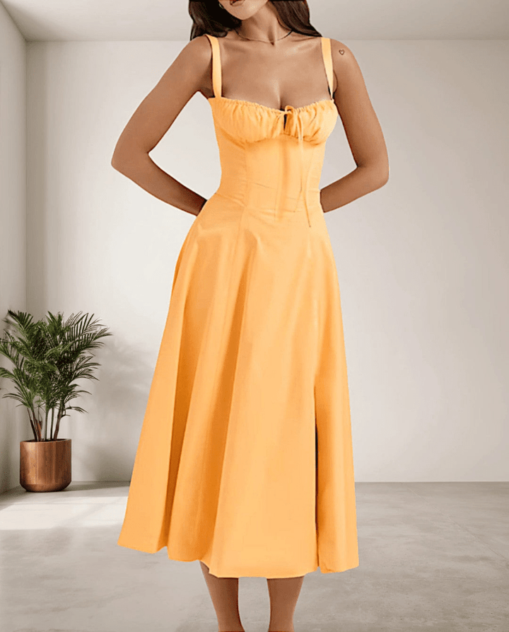 Levoire | Robe Midi Femme avec Fines Bretelles en Spaghetti & Cordon de Serrage Confortable & Tendance Orange