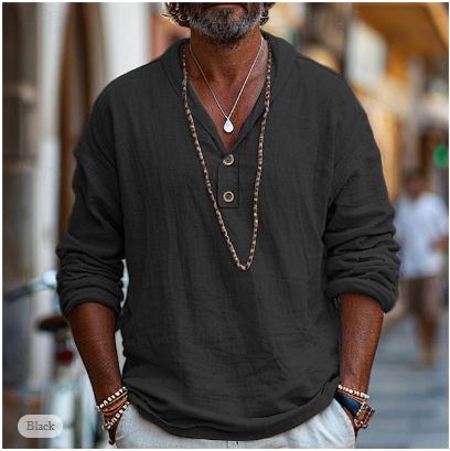 Levoire | Chemise En Lin Pour Hommes Popover Légère, Respirante & Élégante Noir
