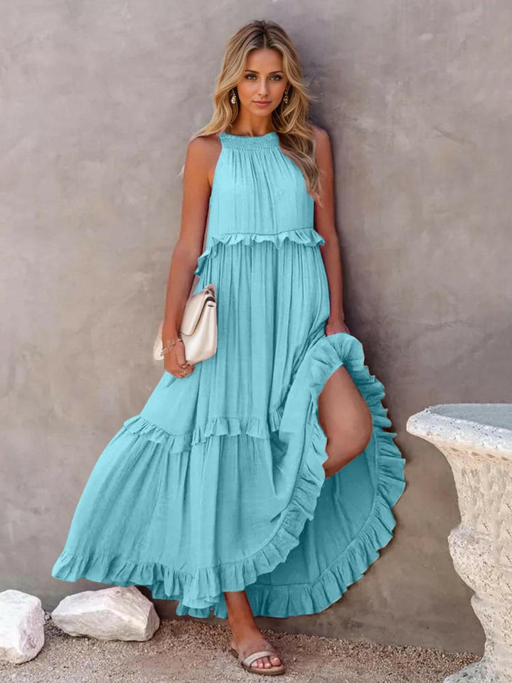 Levoire | Robe Maxi Froncée À Volants Sans Bretelles Avec Poches Bleu ciel