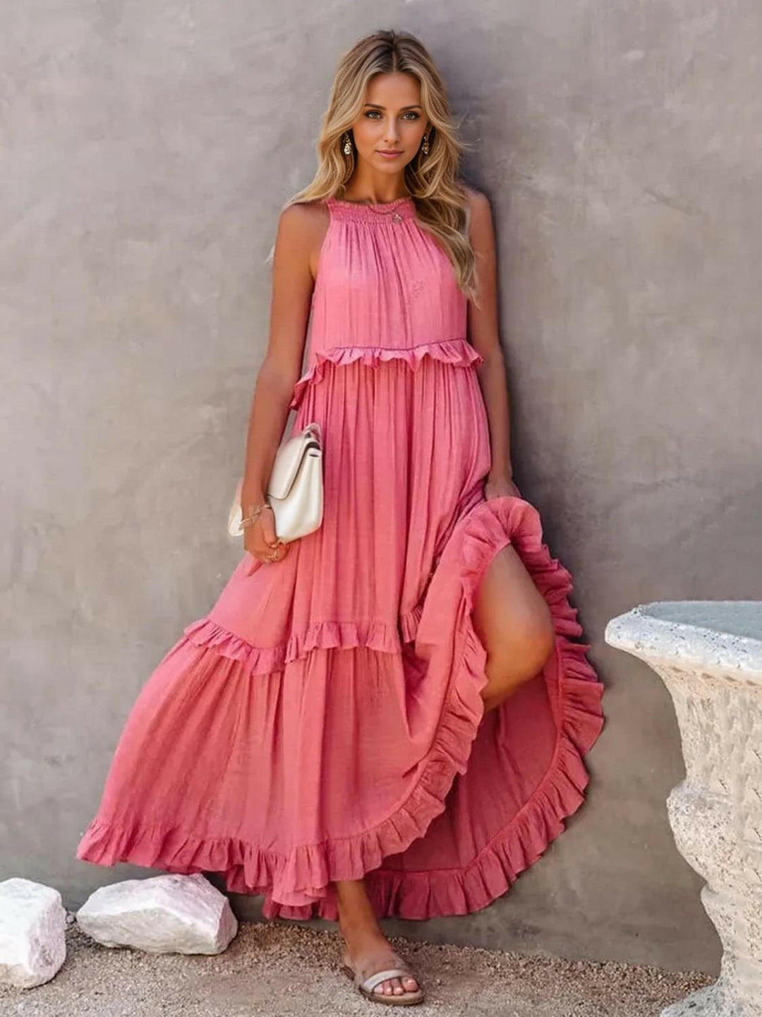 Levoire | Robe Maxi Froncée À Volants Sans Bretelles Avec Poches Rose pastèque