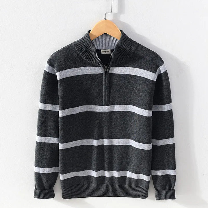 Levoire | Confortable Manches Longues Mi-Longue Zip Rayé Tricoté Gris foncé