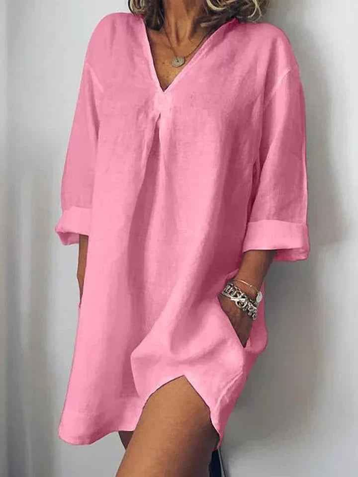 Levoire | Robe En Lin - Décolleté En V & Demi-Manche Rosa