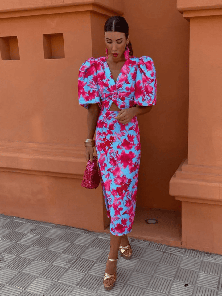 Levoire | Robe colorée avec manches bouffantes femme robe midi Rosa