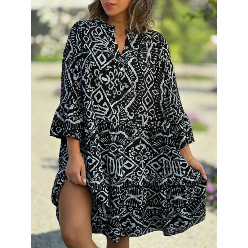 Levoire | Robe Décontractée À Imprimé Col En V Noir