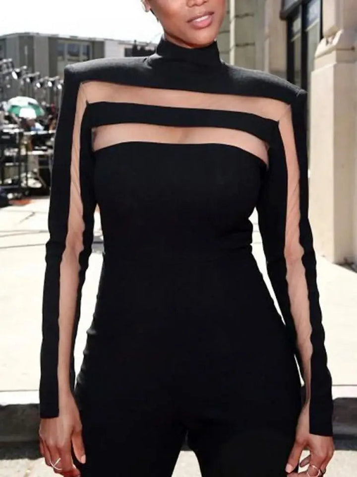 Levoire | Élégant & Sexy Col Haut Réseau Haut À Manches T-Shirt Noir
