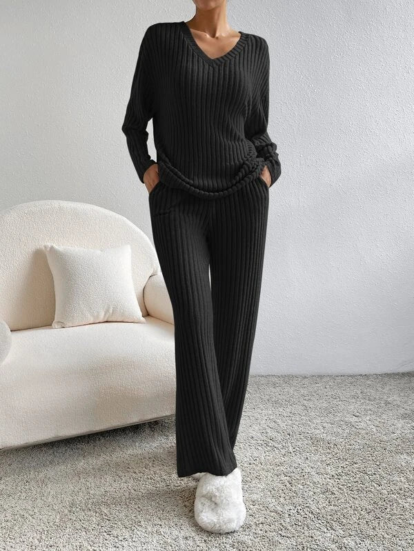 Levoire | Blouse V Col Longue À Manches Pantalons Longs Ensemble Deux Pièces Noir