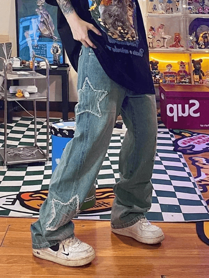 Levoire | Jean Boyfriend À Patches D'Étoiles Délavé Bleu Bleu