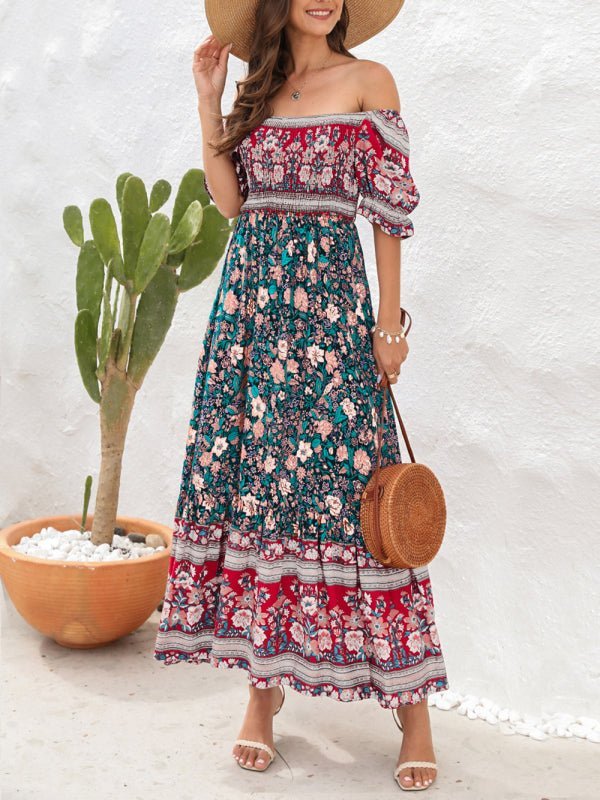Levoire | Robe de Plage Boho Off-Shoulder à Manches Bouffantes Fleurie Midi