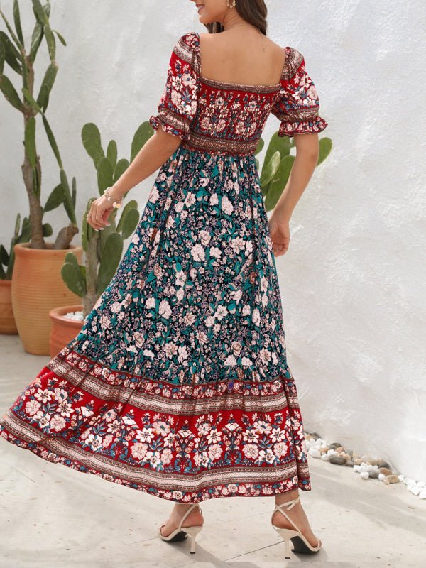 Levoire | Robe de Plage Boho Off-Shoulder à Manches Bouffantes Fleurie Midi